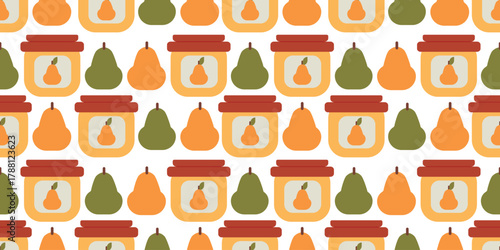 Seamless pattern showing ripe pears and pear jam. Great for textile, wrapping paper, packaging, and fall harvest designs.