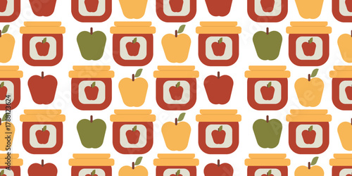 Seamless pattern featuring colorful apples and apple jam jars. Perfect for fabric, packaging, and Thanksgiving harvest designs.