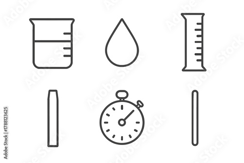 Perfumery Lab Icons. Line style icons of laboratory perfumery: glass beaker, droplet, graduated cylinder, scent strip, stopwatch,