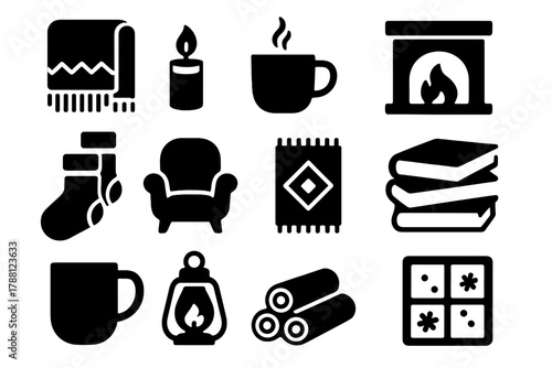 Hygge Icons Collection. Solid style icons of Hygge Moments: Blanket, Candle, Hot Drink, Fireplace, Wool Socks, Chair, Rug, Stack