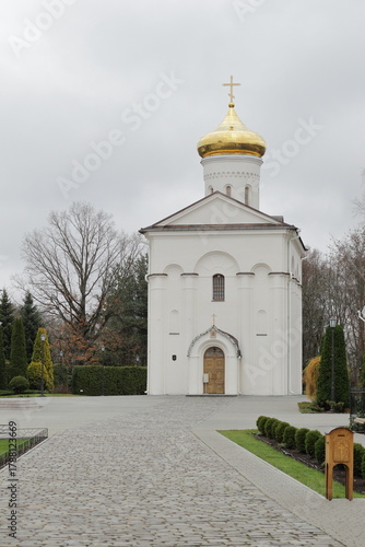 The Church of the Transfiguration of the Savior and the stone pedestrian path leading to it in the Spaso-Euphrosyne Monastery in Polotsk.