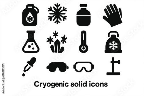 Cryogenics Icon Set. Solid style icons of Cryogenics: Liquid Nitrogen, Frost, Storage Dewar, Lab Flask, Ice Crystals, Safety