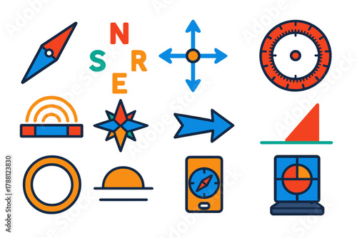 Compass Icon Set. Flat vector icons of Compass Elements: needle, cardinal points, azimuth, degree circle, magnetic field, compass