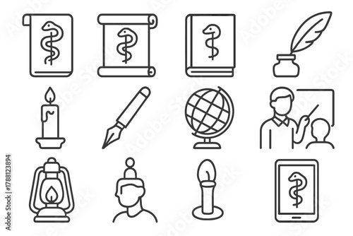 Medical Knowledge Icons. Line style icons of Medical Knowledge Transmission: Manuscript, Scroll, Book, Quill; Inkpot, Candle, Pen,