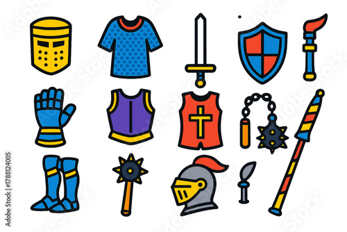 Medieval Armor Icons. Flat vector icons of Medieval Knight Armor: great helm, chainmail hauberk, longsword, kite shield, gauntlet