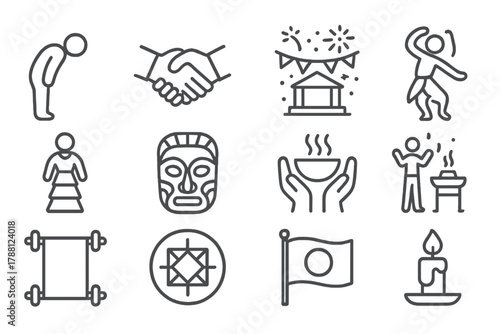 Cultural Norms Icons. Line style icons of Cultural Norms: Bowing Person, Handshake, Festival, Dance; Traditional Dress, Mask,