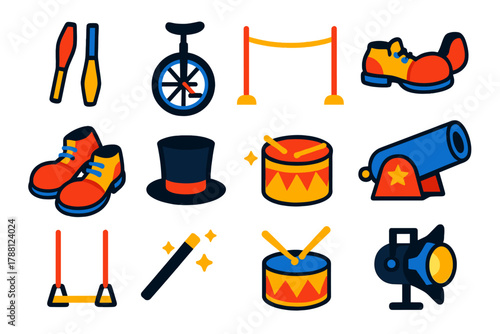 Circus Props Icons. Flat vector icons of Circus Props: juggling clubs, unicycle, tightrope, clown shoes, top hat, cannon, trapeze,