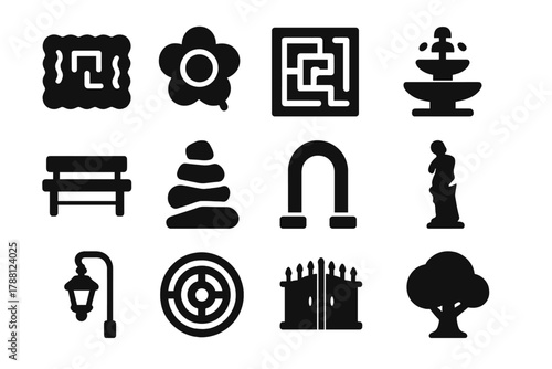 Garden Maze Icons. Solid style icons of Garden Mazes: Hedge, Flower, Path, Fountain, Bench, Stone, Arch, Statue, Lamp, Center,