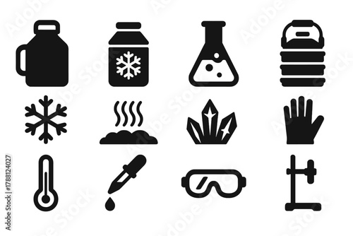 Cryo Tech Icons. Solid style icons of Cryo Technology: Storage Dewar, Liquid Nitrogen, Lab Flask, Cryo Container, Frost, Cold