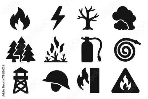 Ecological Fire Impact Icons. Solid style icons of Ecological Impact of Fires: wildfire flame, lightning strike, dry tree, smoke,