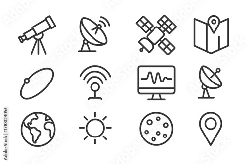 Orbital Tracking Icons. Line style icons of Orbital Tracking: Telescope, Radar, Satellite, Map; Orbit Path, Sensor, Data Screen,