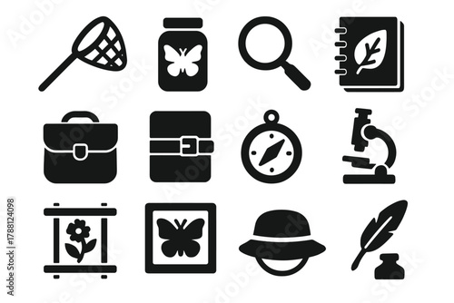 Field Research Tools. Solid style icons of Field Research: Butterfly Net, Specimen Jar, Magnifying Glass, Sketchbook, Leather