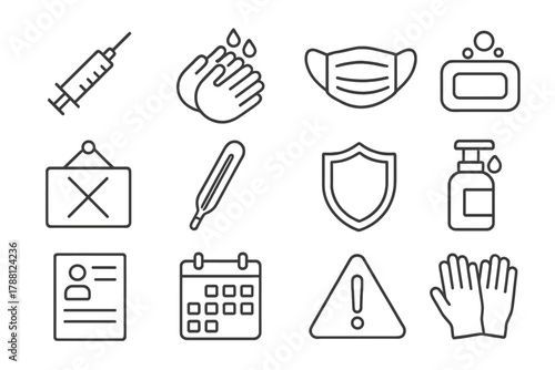 Disease Prevention Icons. Line style icons of Disease Prevention: Vaccine Syringe, Hand Wash, Face Mask, Soap; Quarantine Sign,