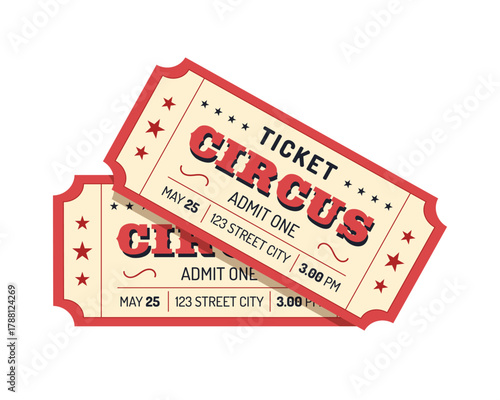 Two circus tickets on white background. Vector illustration