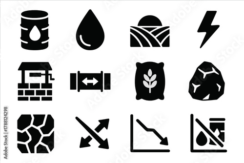 Resource Scarcity Icons. Solid style icons of resource scarcity conflicts: oil barrel, water droplet, farmland field, energy