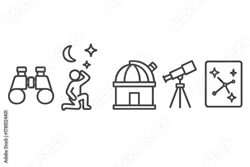 Night Sky Icons. Line style icons of night sky observation: binoculars, stargazer, observatory dome, tripod telescope, star map,