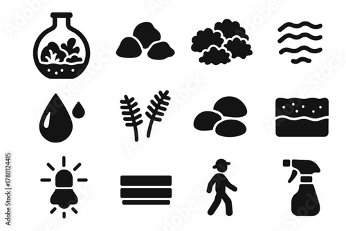 Indoor Moss Terrarium. Solid style icons of Indoor Moss Garden: Glass Terrarium, Miniature Rocks, Various Moss, Mist, Water