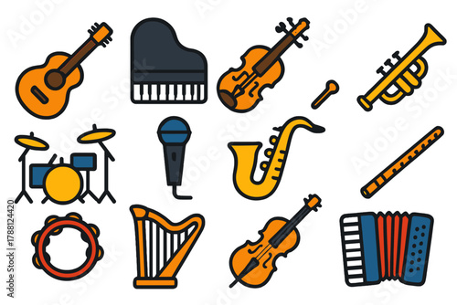Bright Music Icons. Flat vector icons of Musical Instruments: guitar, piano, violin, trumpet, drum set, microphone, saxophone,