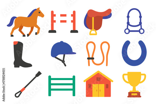 Equestrian Icon Set. Flat vector icons of Riding Competition: horse, jump, saddle, bridle, riding boot, helmet, reins, horseshoe,