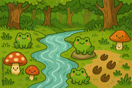 Enchanted Forest Stream. Playful stream winding through the forest, tiny frogs, mushrooms, and deer footprints with cheerful faces