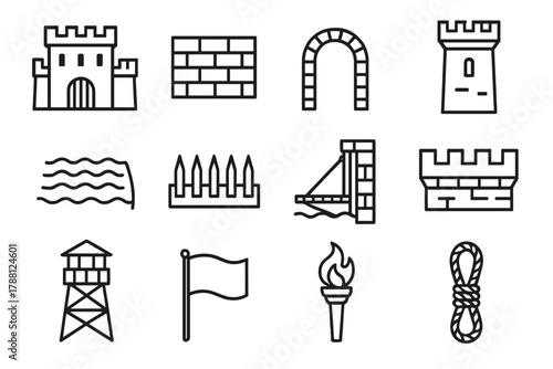 Iconic Defensive Structures. Line style icons of Defensive Structures: Fortress, Wall, Gate, Tower; Moat, Spike, Drawbridge,