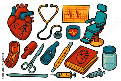 Vintage Cardiology Icons. Isometric vector illustration set Vintage Cardiology: wax anatomical heart, brass stethoscope tubing,