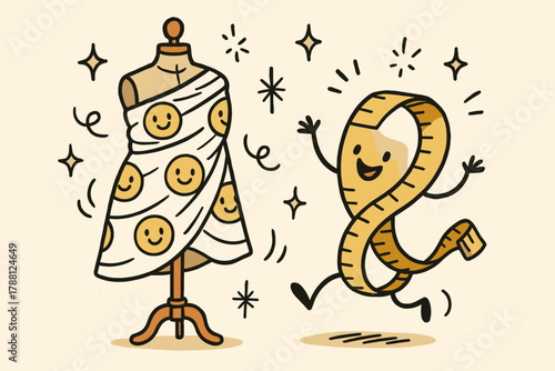 Joyful Mannequin Scene. Playful doodle vector scene of a mannequin wrapped in smiling fabric, while a cheerful measuring tape