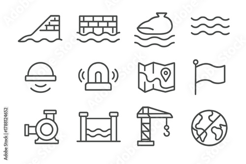 Flood Management Icons. Line style icons of Flood Management: Levee, Barrier, Sandbag, Water Flow; Sensor, Alarm, Map, Flag; Pump,