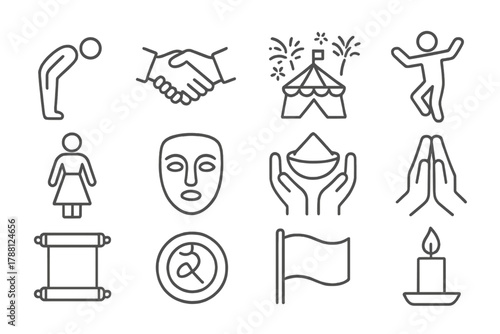 Cultural Norms Icons. Line style icons of Cultural Norms: Bowing Person, Handshake, Festival, Dance; Traditional Dress, Mask,