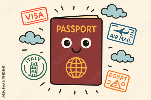 Smiling Passport Adventure. Cheerful passport with little eyes and grin, surrounded by miniature stamps and doodle clouds