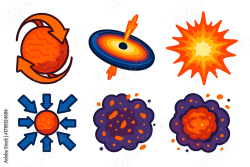 Hypernova Formation Illustration. Isometric vector illustration set Hypernova Origins: collapsing massive star, accretion disk,