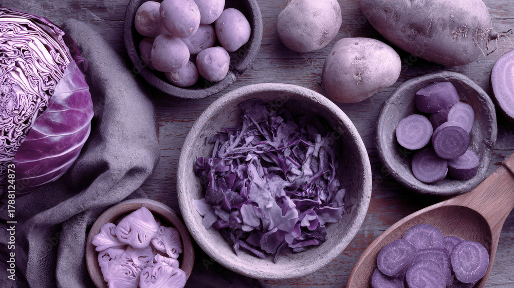Fototapeta premium monochrome purple meal with cabbage potatoes and beets