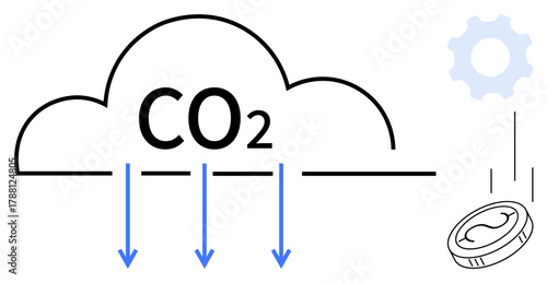 CO2 cloud with three arrows pointing downward, gear representing technology, and coin signifying economic impact. Ideal for climate action, sustainability, environmental innovation, carbon tax