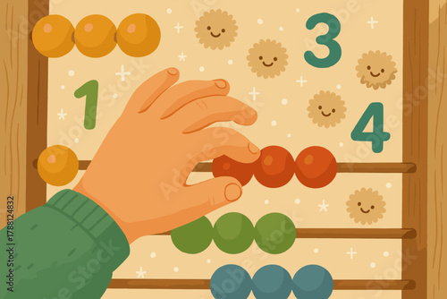 Counting Beads Playfully. Friendly child’s hand moving beads, tiny smiling dust motes and numbers floating around