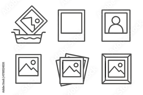 Instant Photography Icons. Line style icons of instant photography: developing photo, blank film, printed memory, snapshot, stack