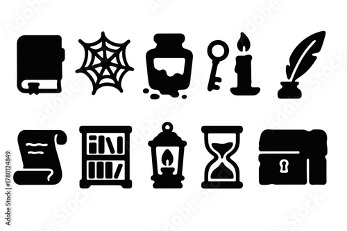 Forgotten Library Icons. Solid style icons of Forgotten Library: Dusty Tome, Cobweb, Fading Ink, Ancient Key, Candle, Quill,