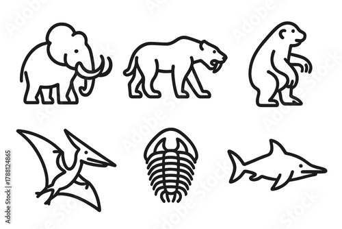 Prehistoric Animal Icons. Line style icons of prehistoric animals: mammoth, saber-tooth cat, giant sloth, pterosaur, trilobite,