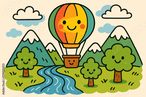 Balloon Over Doodle Mountains. Cheerful hot air balloon floating over doodle mountains, waving rivers, and smiling trees