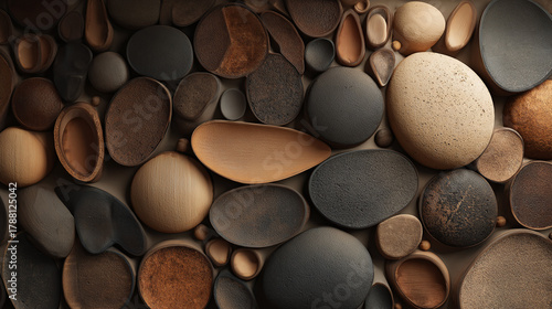 An array of smooth, rounded stones of various sizes and colors arranged together to create a decorative texture