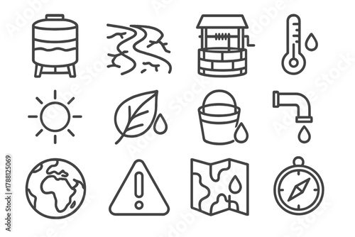 Water Shortage Icons. Line style icons of Water Shortages: Empty Tank, Dry River, Well, Thermometer; Sun, Leaf, Bucket, Pipe;