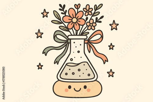 Floral Doodle Delight. Sweet doodle vector illustration of a specimen decorated with flowers and ribbons, sitting on a happy base