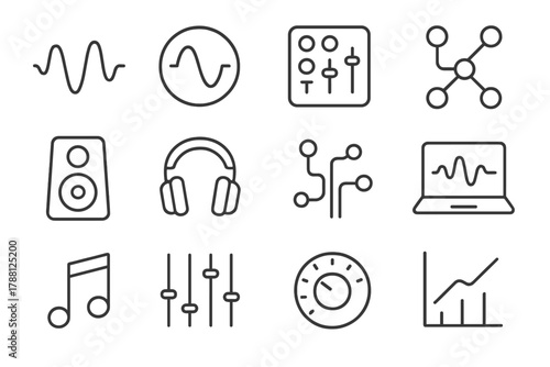 Generative Sound Icons. Line style icons of Generative Sound: Waveform, Oscillator, Synth Pad, Algorithm; Speaker, Headphones,