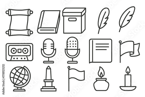 Cultural Memory Icons. Line style icons of Cultural Memory: Scroll, Book, Archive Box, Feather Quill; Tape Recorder, Microphone,
