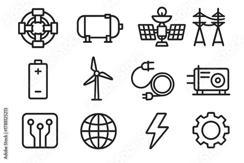 Energy Futures Icons. Line style icons of Energy Futures: Fusion Reactor, Hydrogen Tank, Solar Satellite, Electric Grid; Battery,