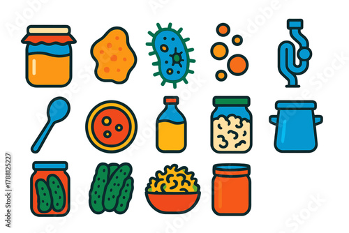 Fermentation Process Icons. Flat vector icons of Fermentation Process: jar, yeast, bacteria, bubbles, airlock, spoon, culture,
