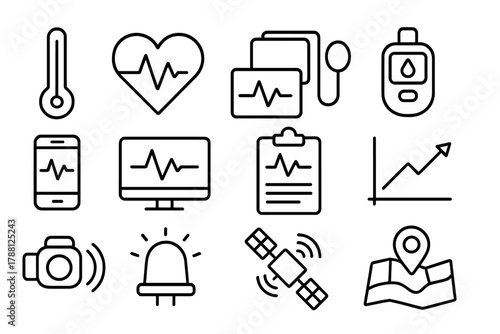 Health Monitoring Icons. Line style icons of Health Monitoring: Thermometer, Heart Rate Monitor, Blood Pressure Cuff, Glucometer;