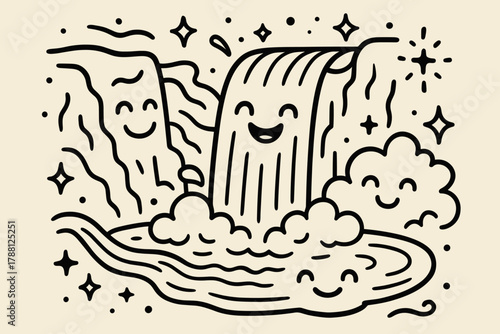Joyful Waterfall Doodle. Joyful doodle vector artwork of a full waterfall scene with river, cliff, mist, and pool all smiling