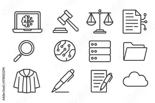 AI and Law Icons. Line style icons of AI in Law: Laptop, Gavel, Scale, Document; Magnifying Glass, Circuit, Server, Folder;