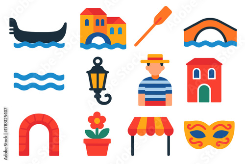 Venetian Canal Icons. Flat vector icons of Venetian Canal: gondola, Venice, oar, bridge, water, lantern, gondolier, building, arch