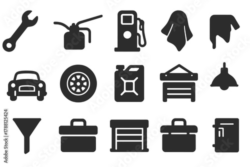 Vintage Garage Icons. Solid style icons of Vintage Garage Tools: Wrench, Oil Can, Petrol Pump, Rag, Classic Car, Tire, Gas Can,